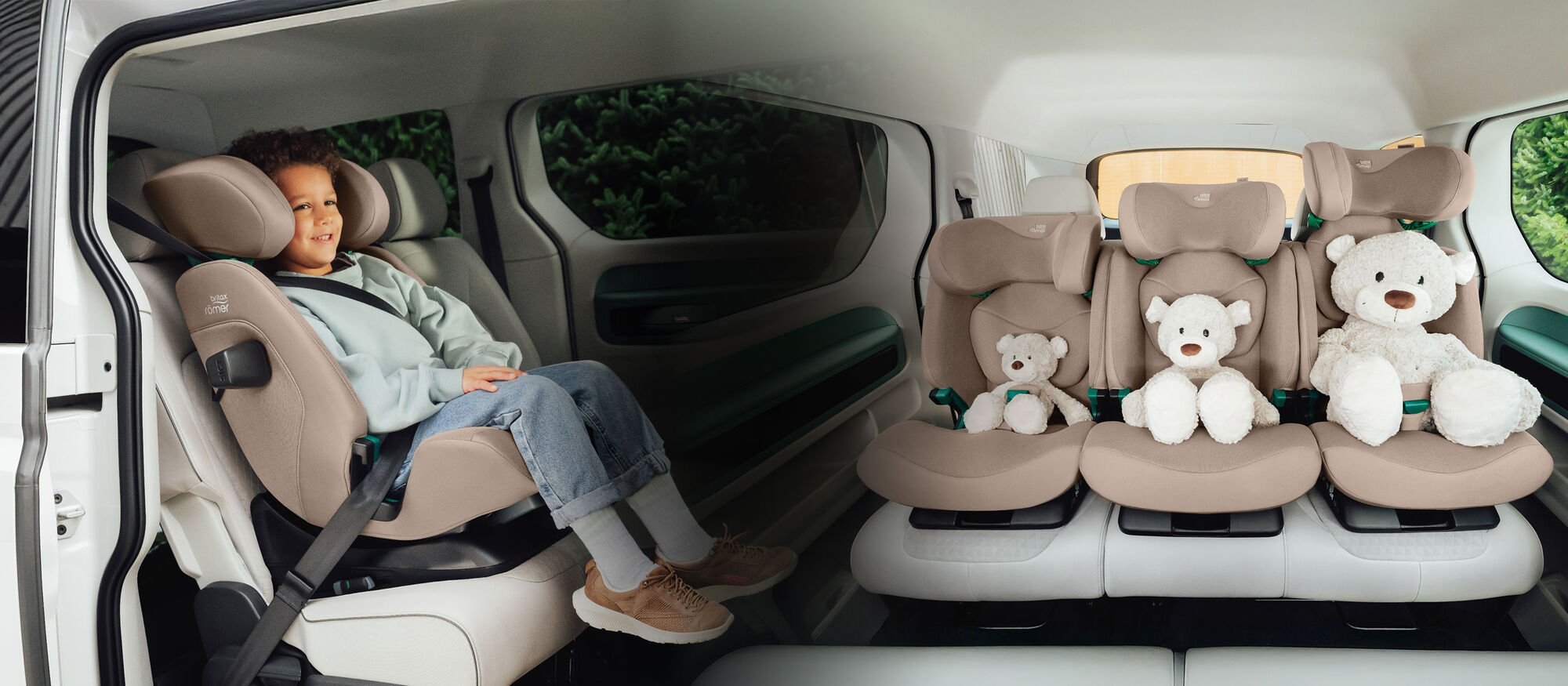 Ni&ntilde;o asegurado en silla de coche SAFEFIX beige, destacando seguridad, comodidad y dise&ntilde;o evolutivo.